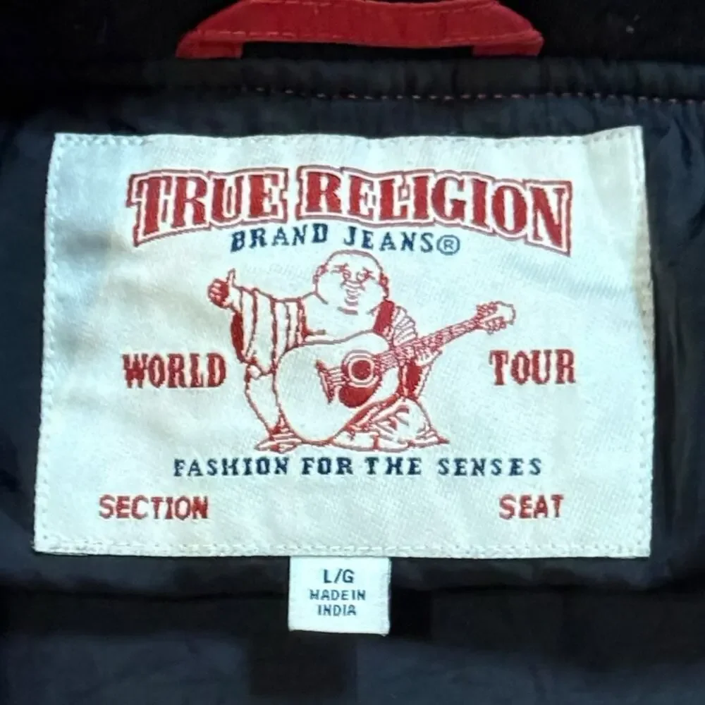 Vintage Y2K True Religion Varsity Bomber Jacket Mens Red Black Embroidered Sz L